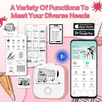 Funmemo Sticker Printer Machine, Print Pods Mini Portable Label Maker, Pink | Bluetooth Inkless for Phone, Thermal Portable Machine for Journal, Note, Photos, Learning